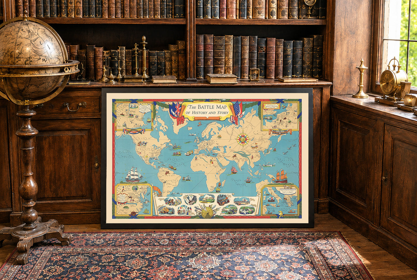 World History Map Print - Major Battles & Global Conflict Locations Illustrated