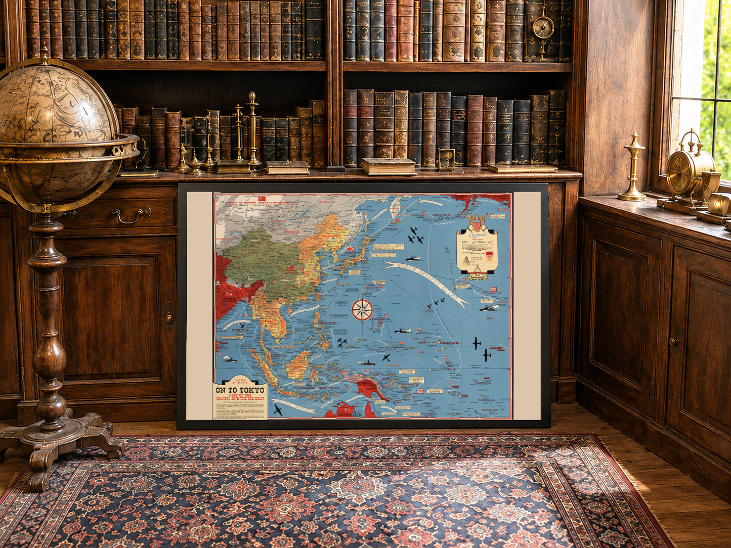 1944 Pacific Theater Map Poster - On To Tokyo Pictorial WWII Print of Asia and Pacific