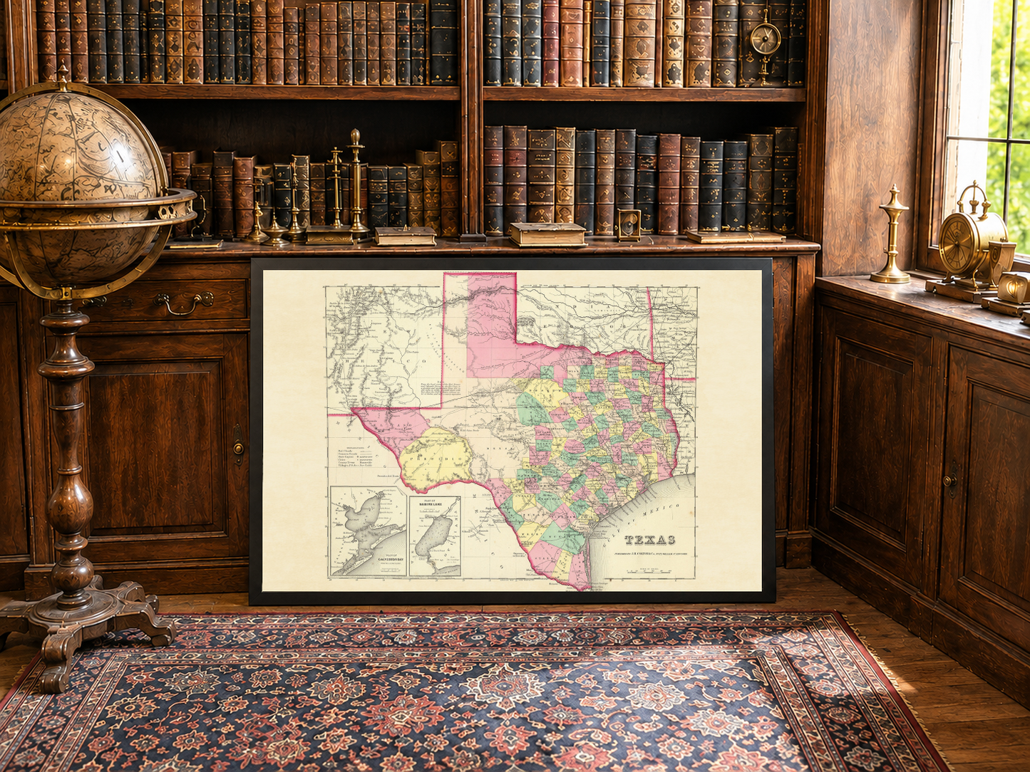 Affiche de la carte du Texas de 1856 - Carte de comté coloriée à la main avec limites détaillées