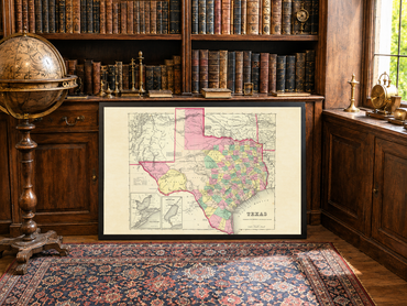 Affiche de la carte du Texas de 1856 - Carte de comté coloriée à la main avec limites détaillées